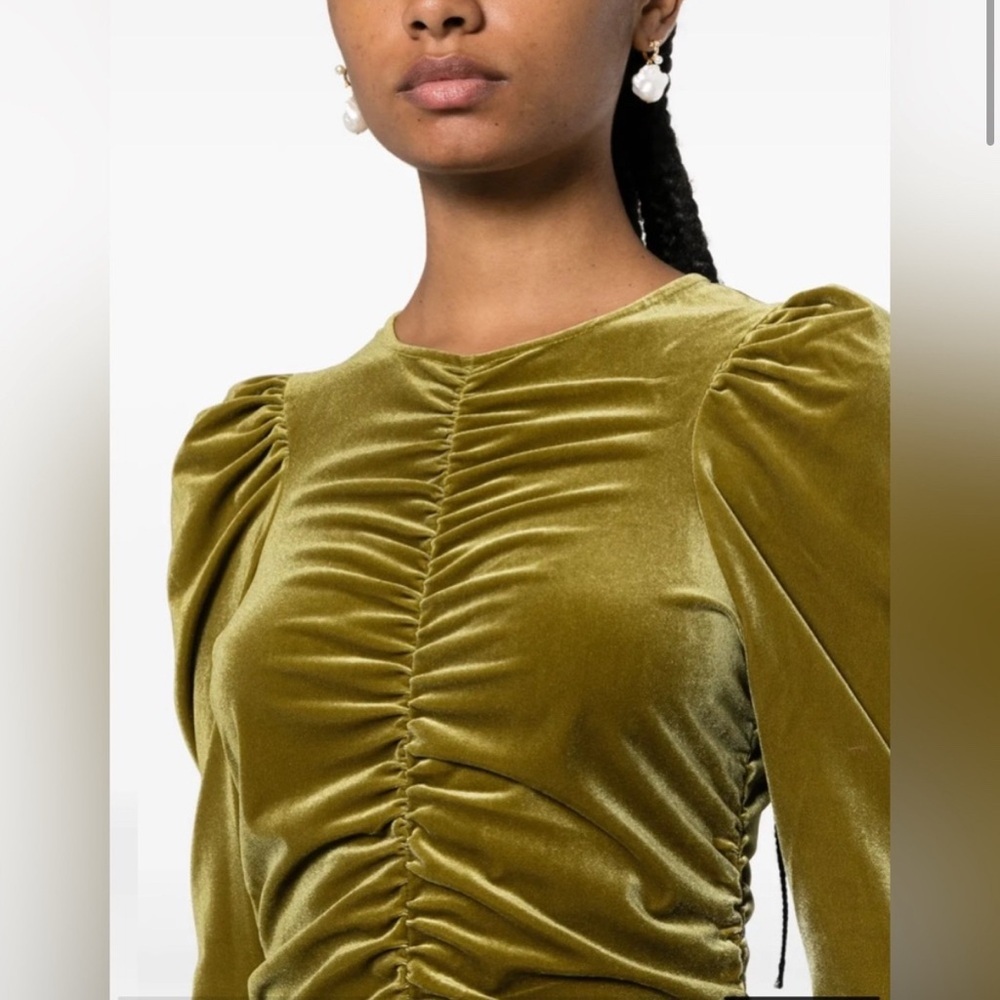 Ganni Velvet Gathered Long Sleeve Jersey Dress in Avocado - Picture 2 of 12